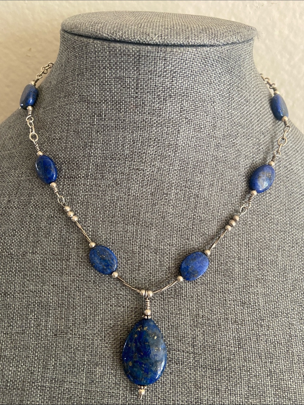 Vintage 80s Lapis Lazuli Stones 925 Sterling Silver Necklace